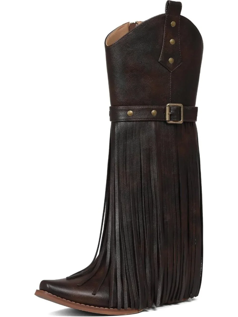Women's Brown Retro Block Chunky Fringe Wide Calf Pointed Toe Knee High Boots